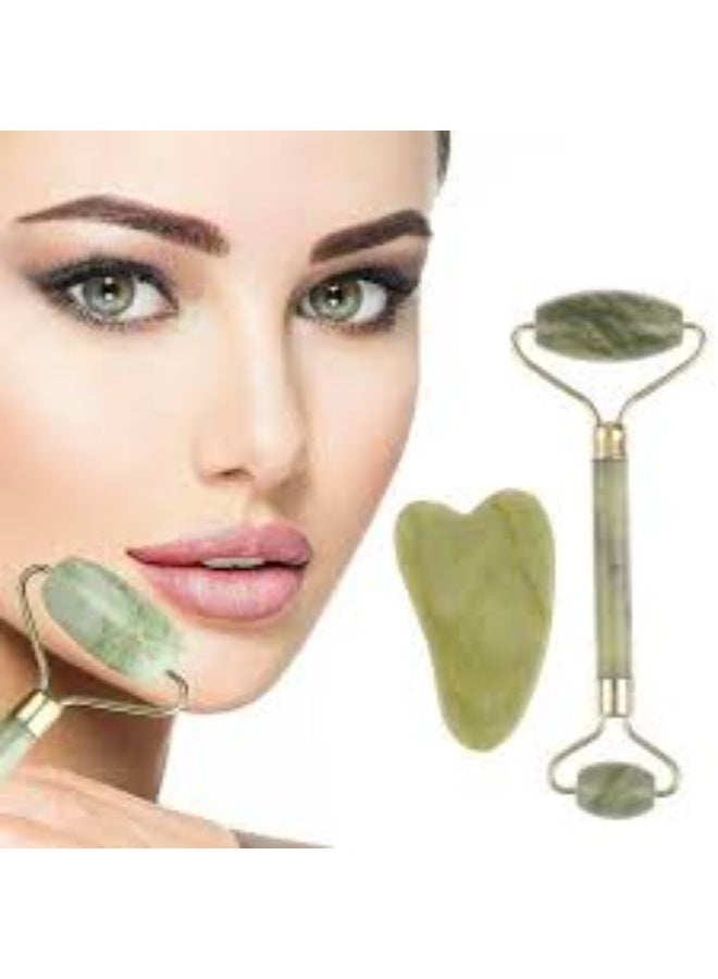 Jade Roller Guasha Skin Scraper Facial Massager Set Multicolour - Image 1